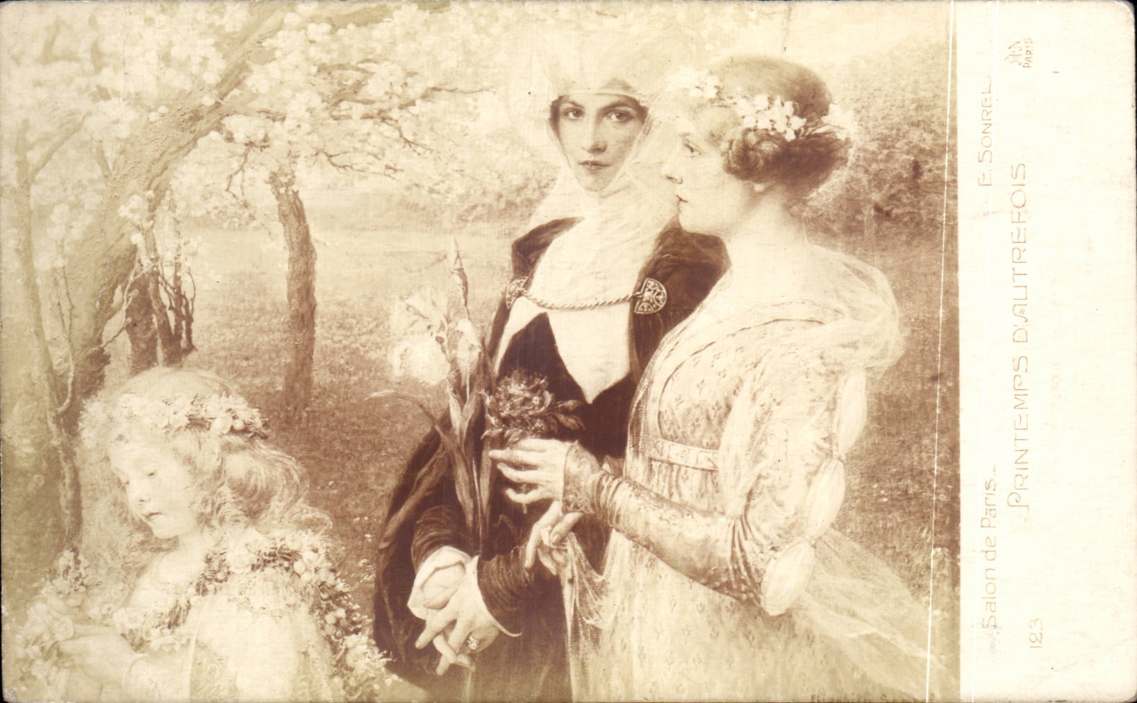 Deux femmes et une enfant sous arbres en fleurs — Salon de Paris — É. Sonrel, n°123