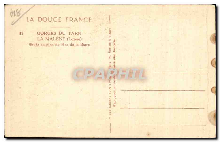 La Malène — Gorges du Tarn — Éditions d'Art Yvón, Paris — Verso