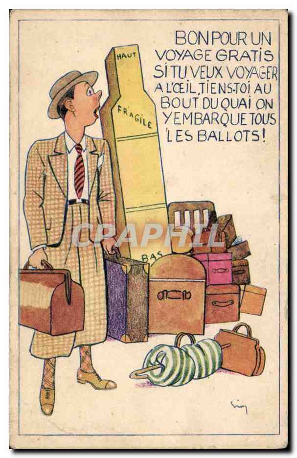 Voyageur et valises — caricature humoristique — Éditeur E.R. Paris