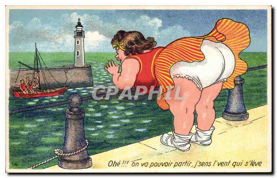 CPA Humour Femme forte Lighthouse Phare Ohe on va pouvoir partir :::