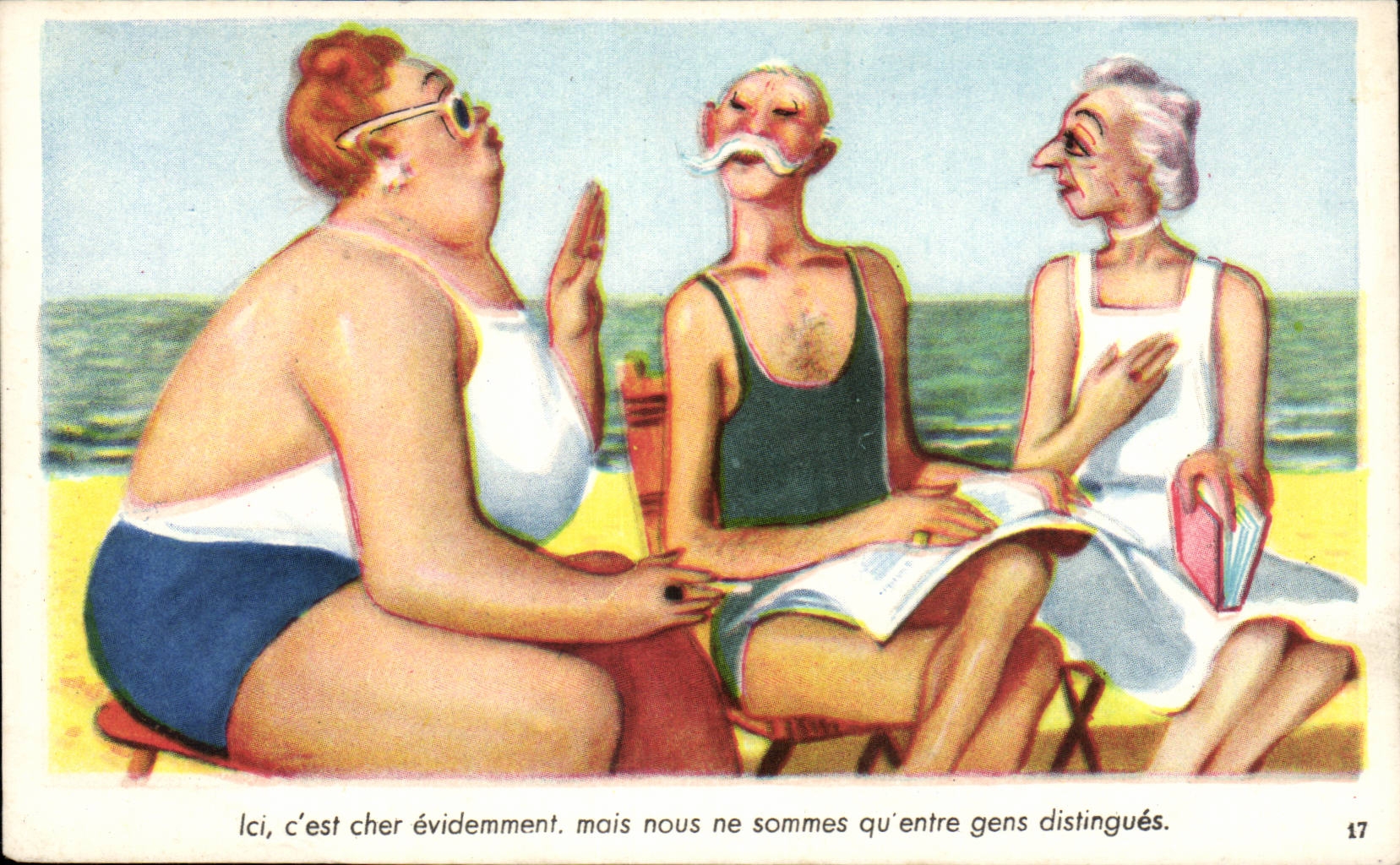 CPA Humour Femme forte Ici c'est cher evidemment mais nous sommes qu'entre gens distingues