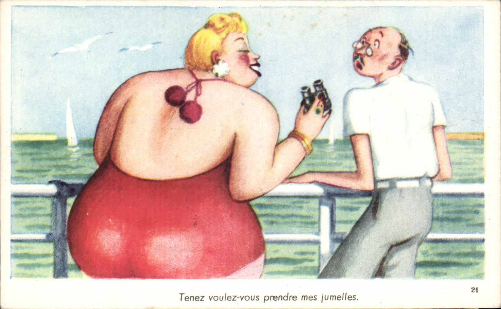 CPA Humour Femme forte Tenez voulez vous prendre mes jumelles