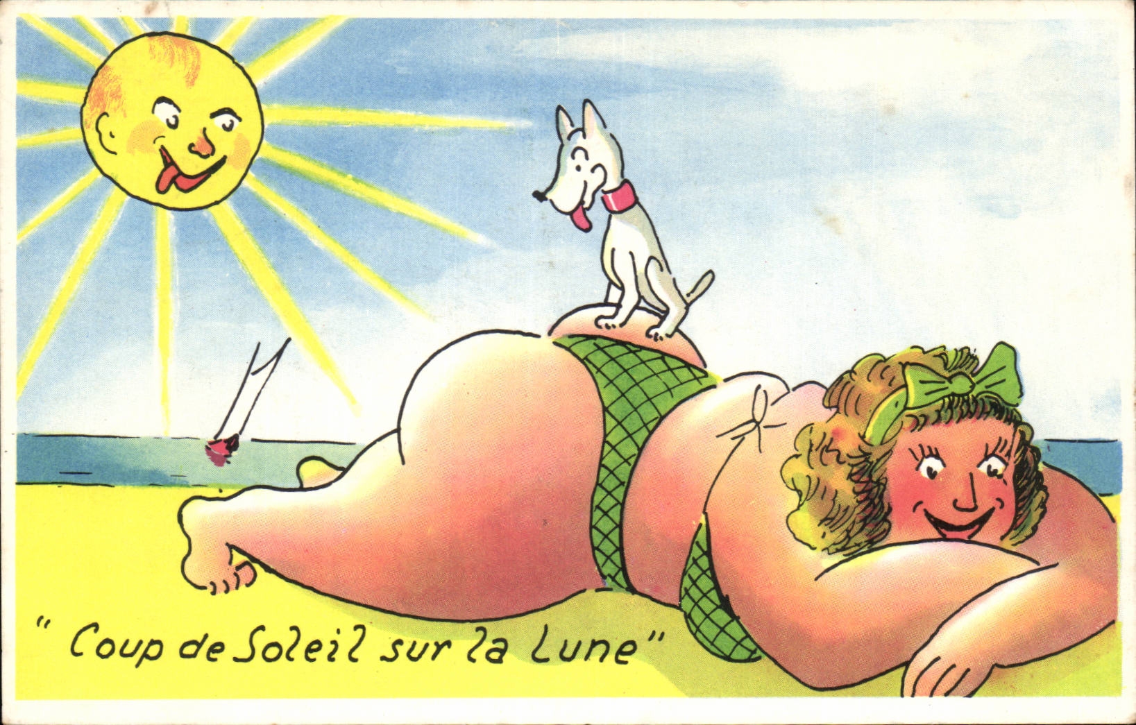 CPA Humour Femme forte Coup de soleil sur la lune Chien 