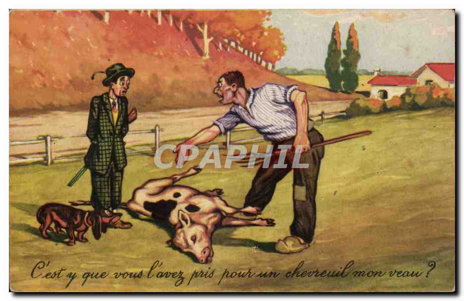 Humour - Illustration - veau - calf - chien - dog Chasse Chasseur Hunting - CPA 