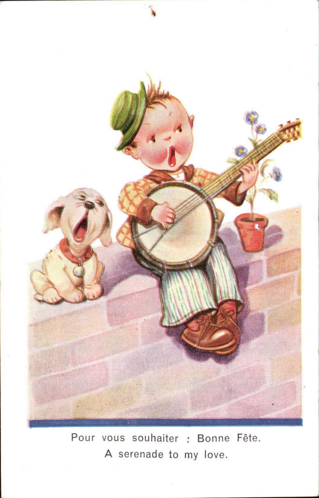 fantaisie - Enfant - chanter - chien - dog - Serenade of love Banjo - CPA 