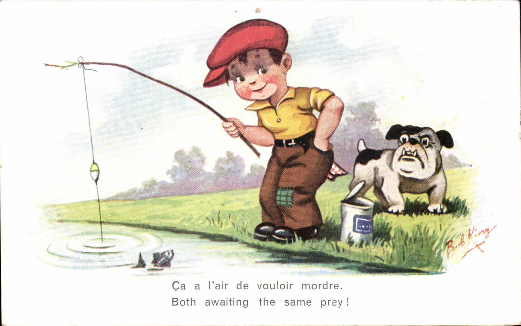 fantaisie - Enfant - pecher - fishing - chien - dog - CPA 