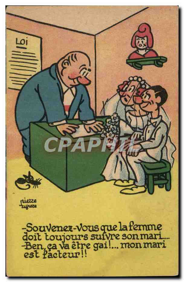 Humour - Illustration - mariage - wedding - pride - groom - facteur - postman - CPA 
