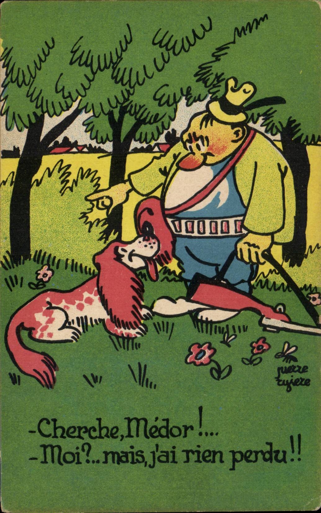 Humour - Illustration - Cherche Medor - Chasseur - hunter - dog - chien - CPA 