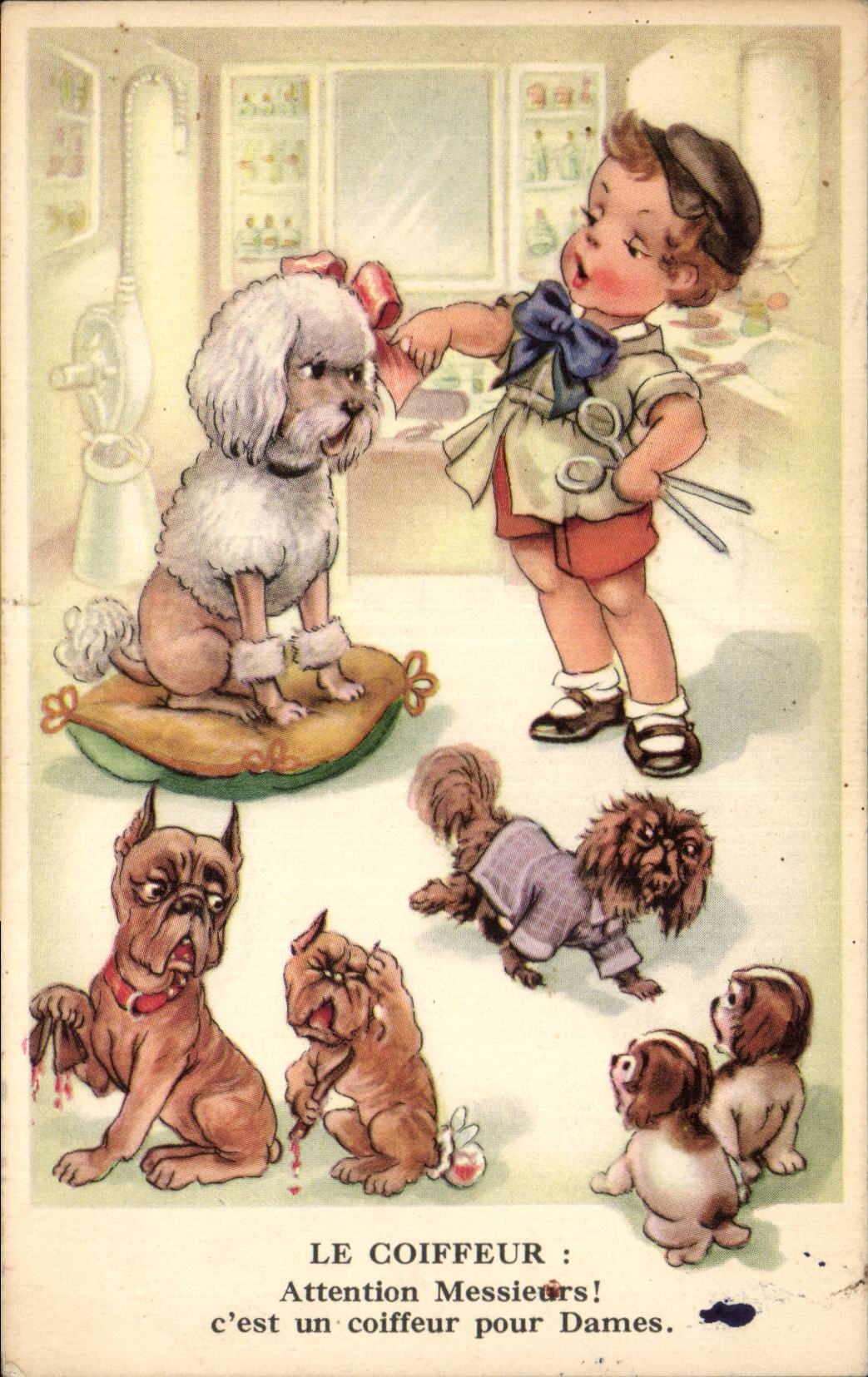 Fantaisie - Enfants - Le Coiffeur - chien - dogs - CPA 