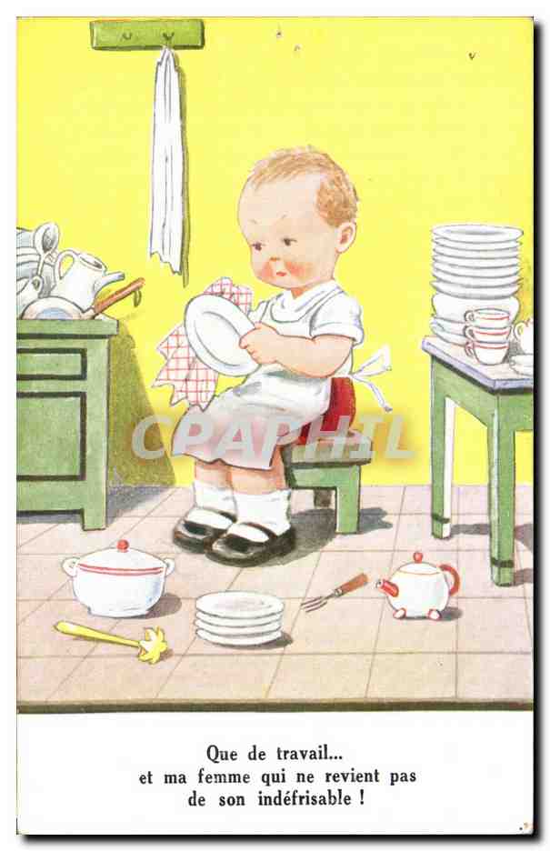Fantaisie - Enfants - Que de travail - La Vaiselle - doing the dishes - CPA 