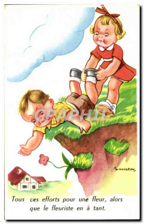 Fantaisie - Illustration - Enfants - Tous ces efforts pour une fleurs - CPA 