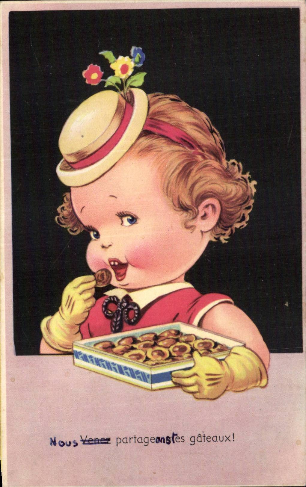 Fantaisie - Illustration - Enfants - bonbons - gateaux - CPA 
