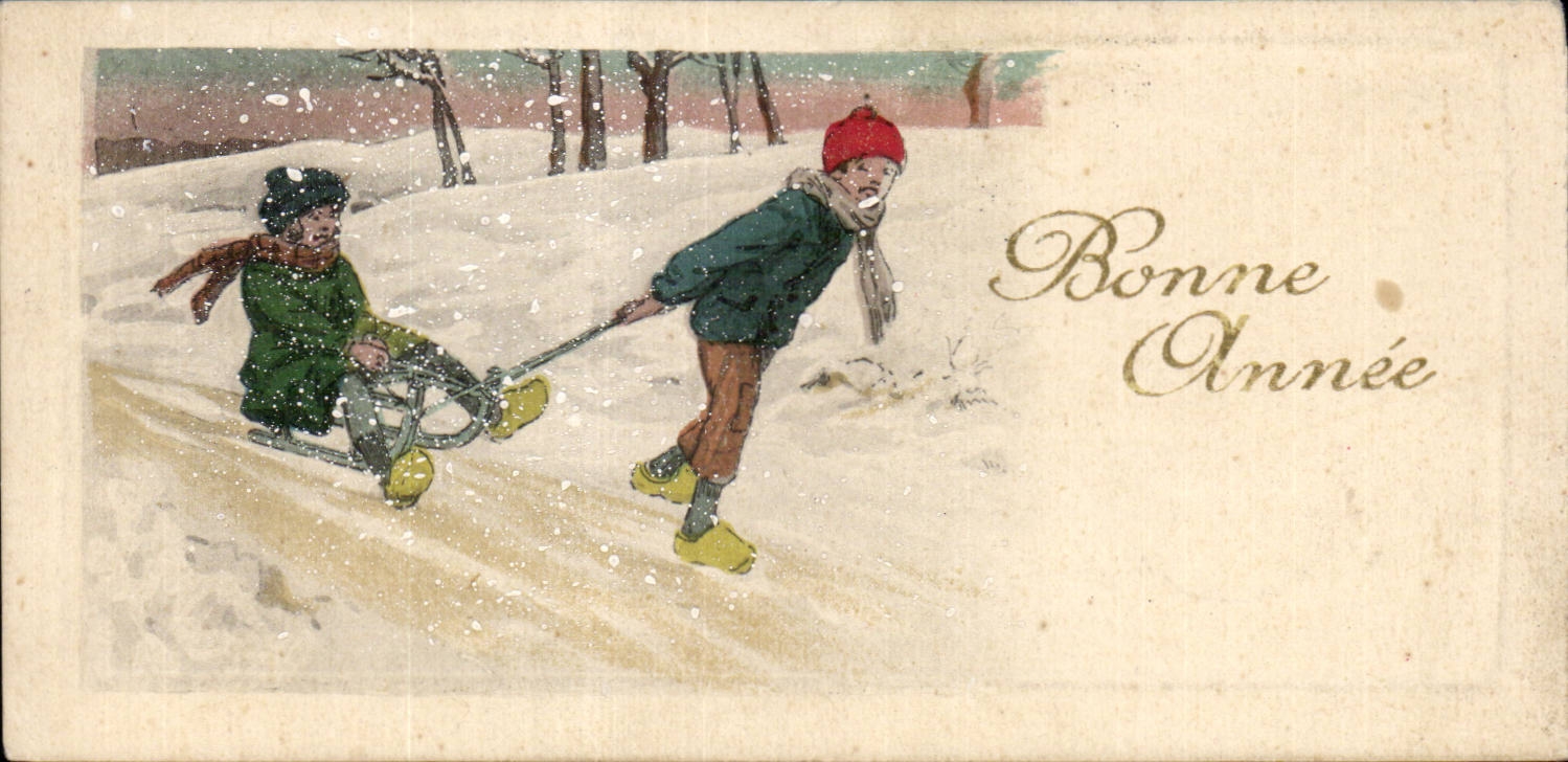 Fetes - Bonne Annee - Hiver - Neige - sledding - CPA 
