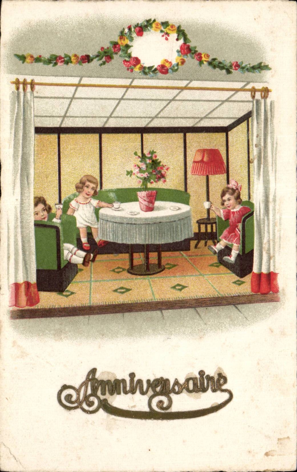 Fantaisie - Enfants - Little girls drinking tea - CPA 
