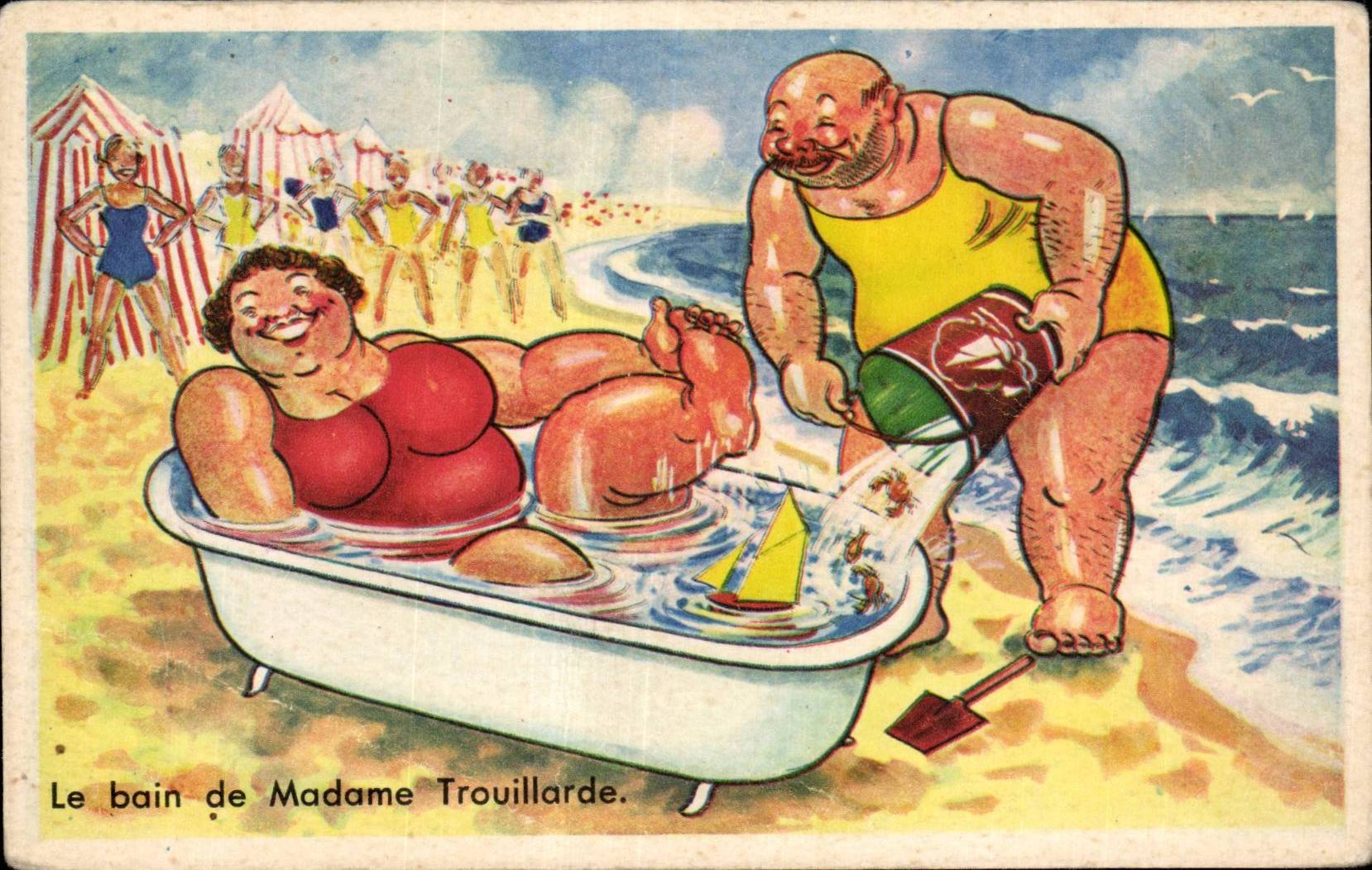 Humour - Illustration - Le Bain de Madame - beach - CPA 