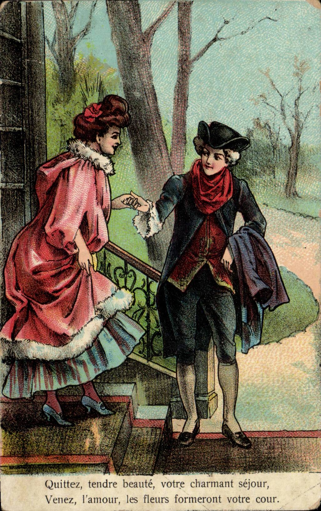 Jeune couple au jardin — scène romantique — éditeur non identifié