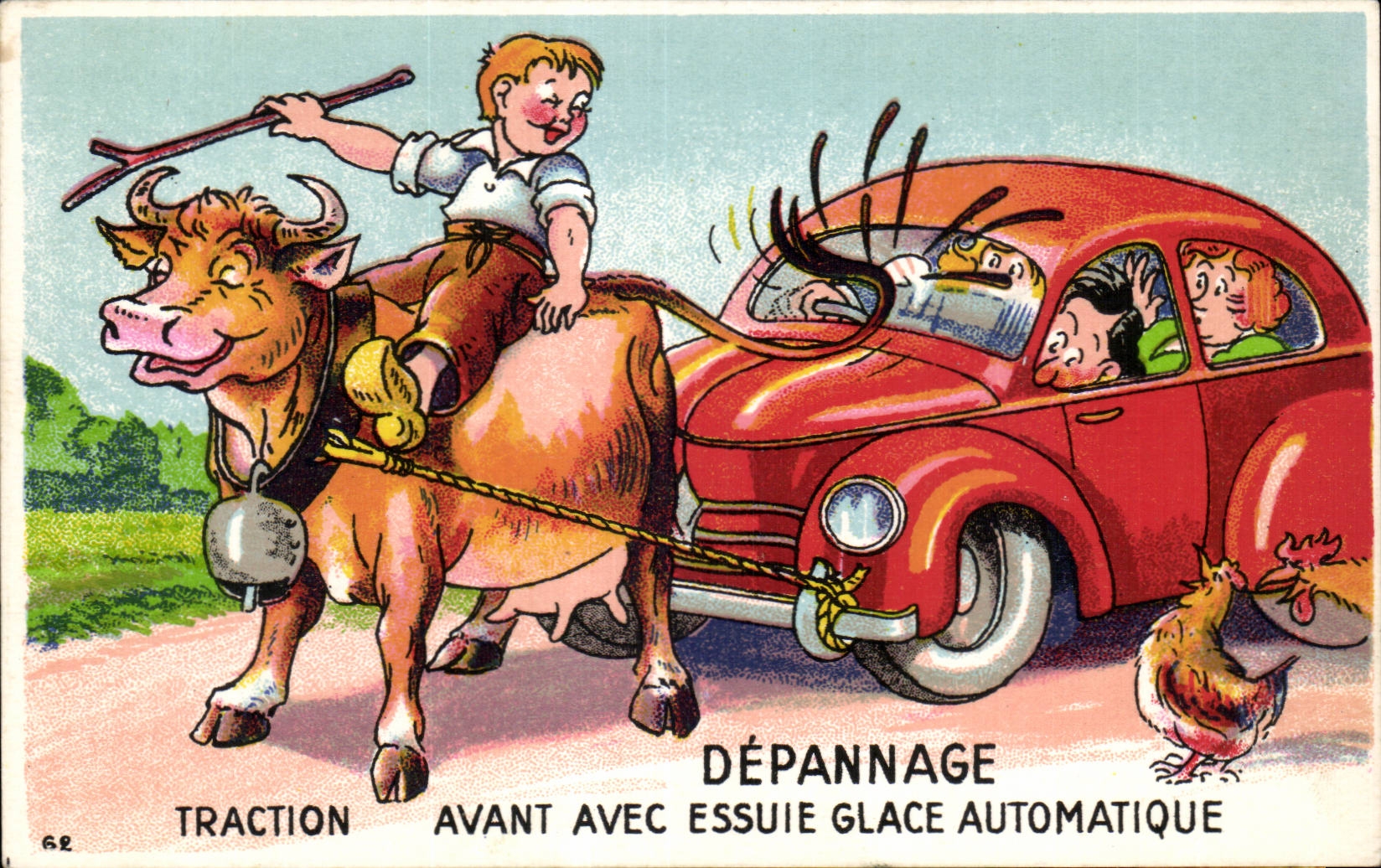 Humour - Illustration - Depannage - vache - automobile - CPA 