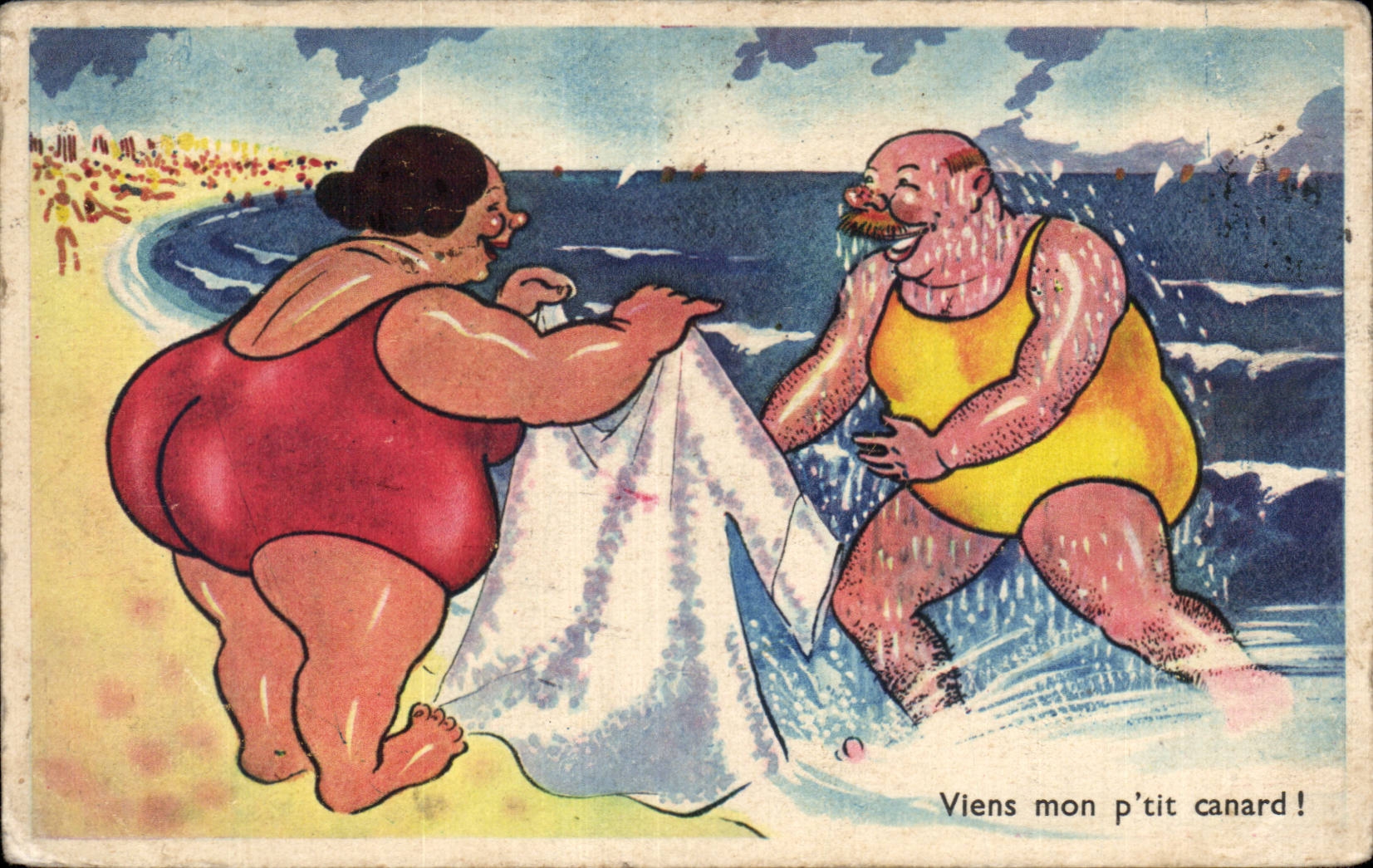 Humour - Illustration - Viens mon petit canard - plage - bain - beach - CPA 