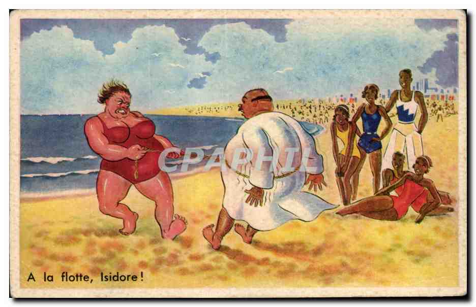 Humour - Illustration - A la flotte Isidore - plage - bain - beach - CPA 