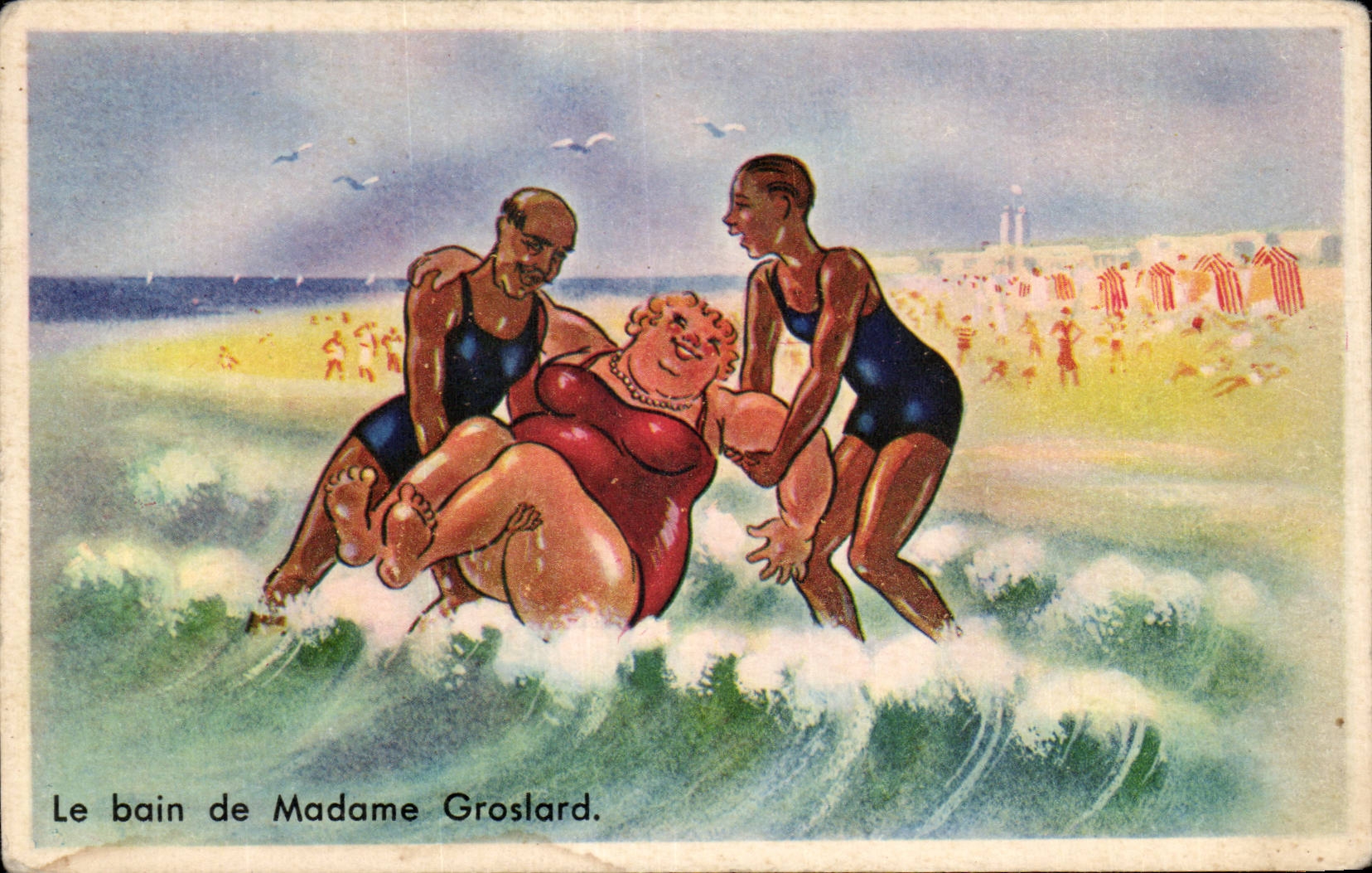 Humour - Illustration - Le Bain de Madame - plage - bain - beach - CPA 