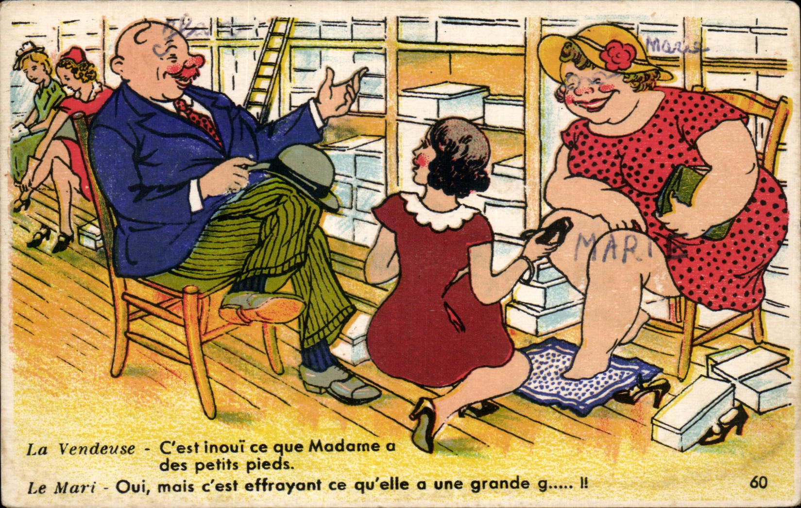 Humour - Illustration - Madame a des petites pieds - chausseurs - shoes - CPA 