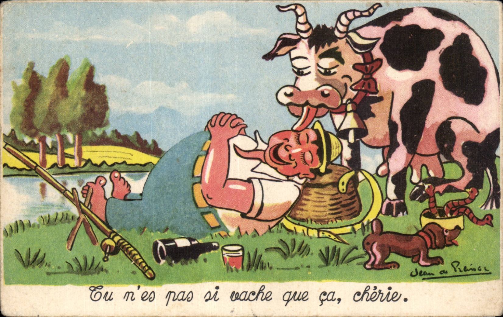Humour - Illustration - La Peche - vache - fishing - cow - chien - dog - CPA 