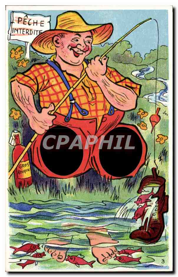 Humour - Illustration - Peche Interdite - no fishing - finger puppet card - CPA 
