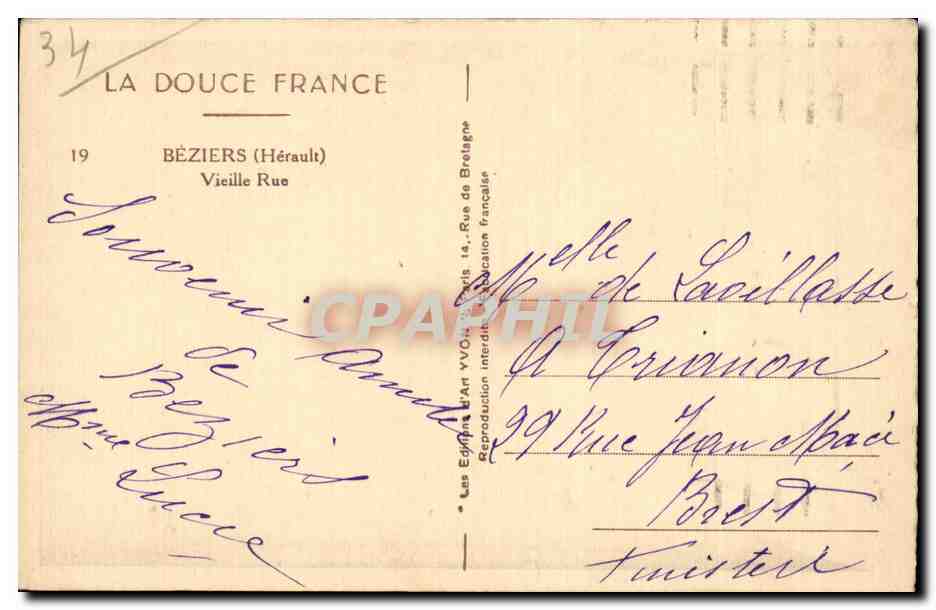 Beziers - Vieille Rue - La Douce France - Yvon - CPA  — Rückseite