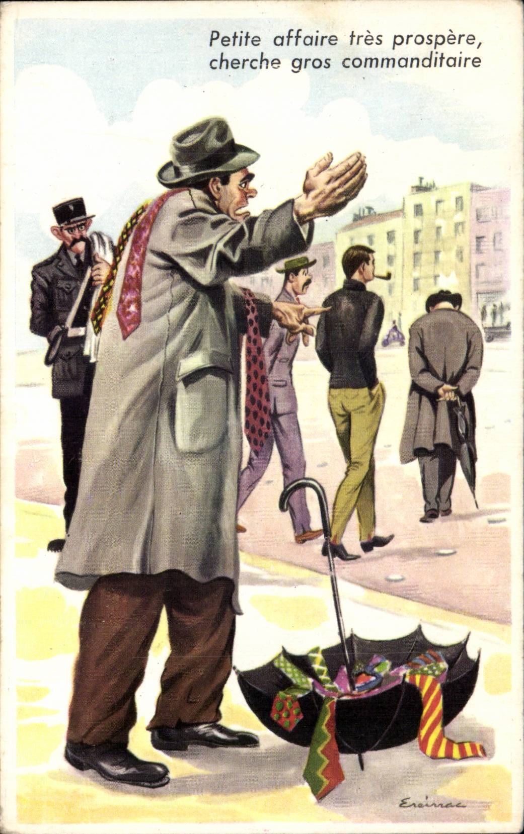 Homme en manteau et chapeau — affiche humoristique — Érèinac
