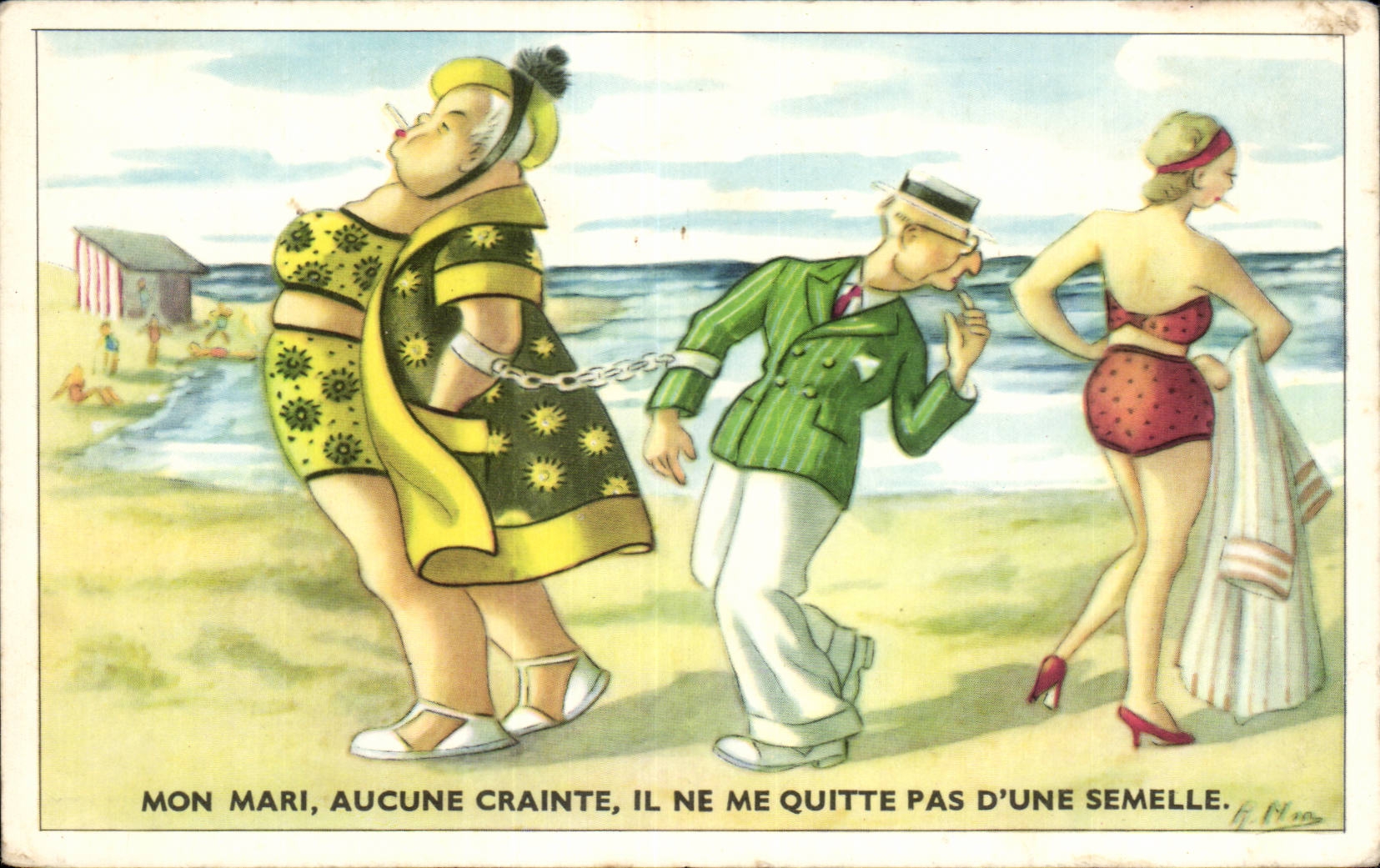 Humour - Illustration - Mon Mari Aucun Crainte - La Plage - Beach - CPA 