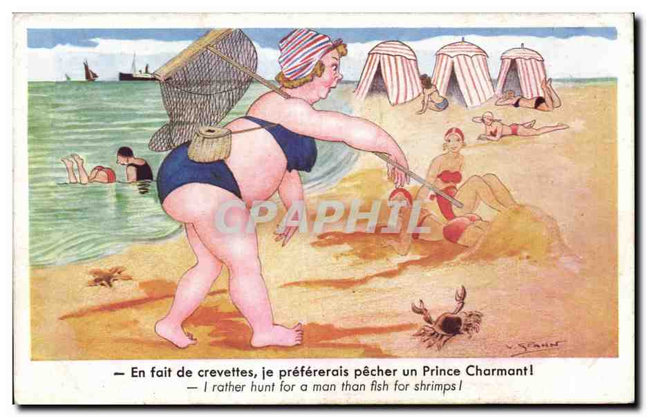 Humour - Illustration - la plage - crabe - crevettes - beach - crab - shrimp - CPA 
