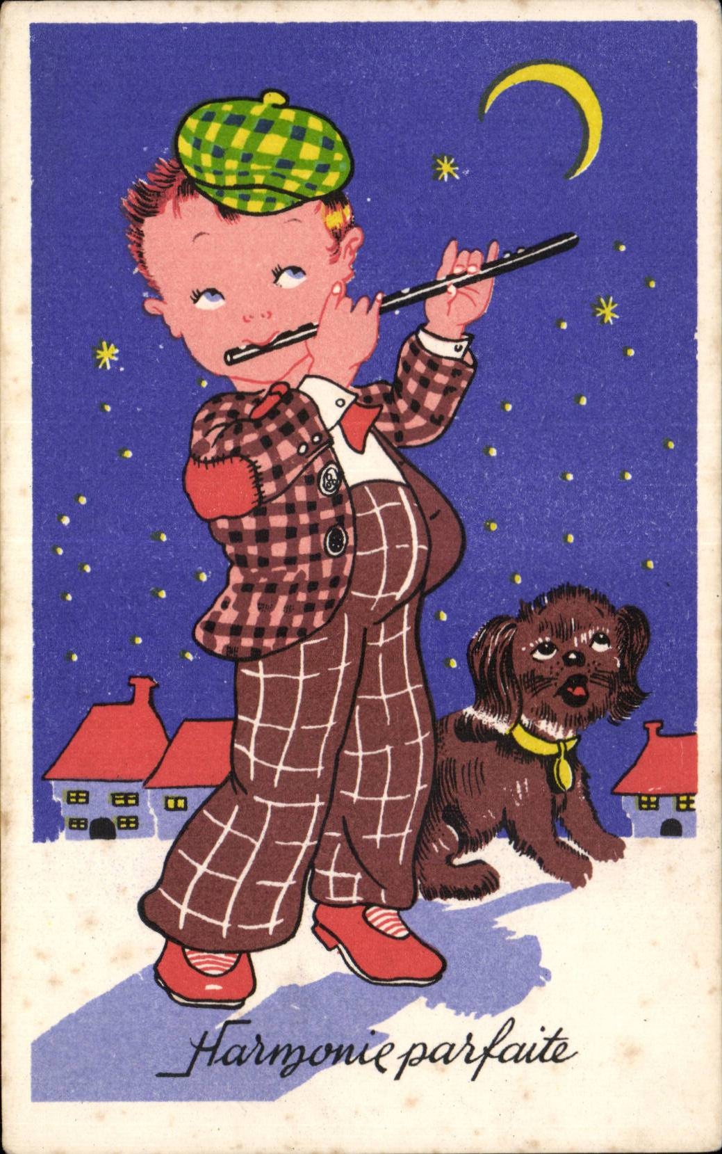Fantaisie - Enfants - chien - dog - flute - moon - lune - music - musique - CPA 