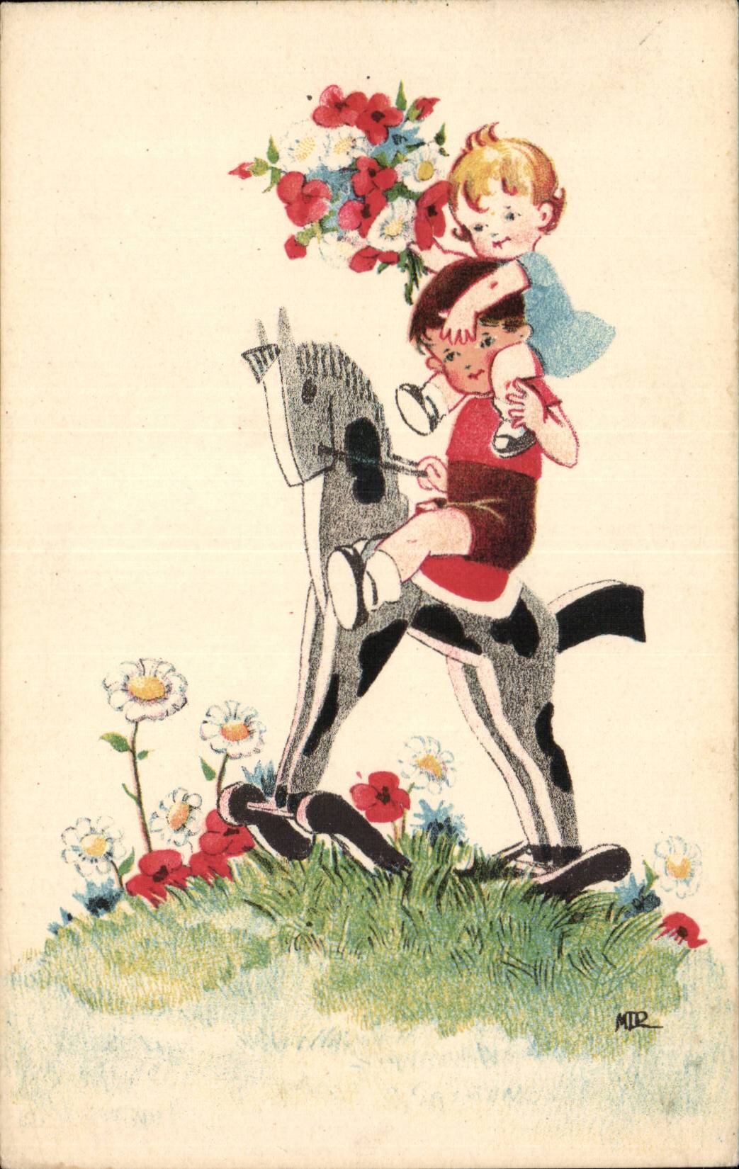 Fantaisie - Enfants - Illustration - Children on hobby horse - CPA 