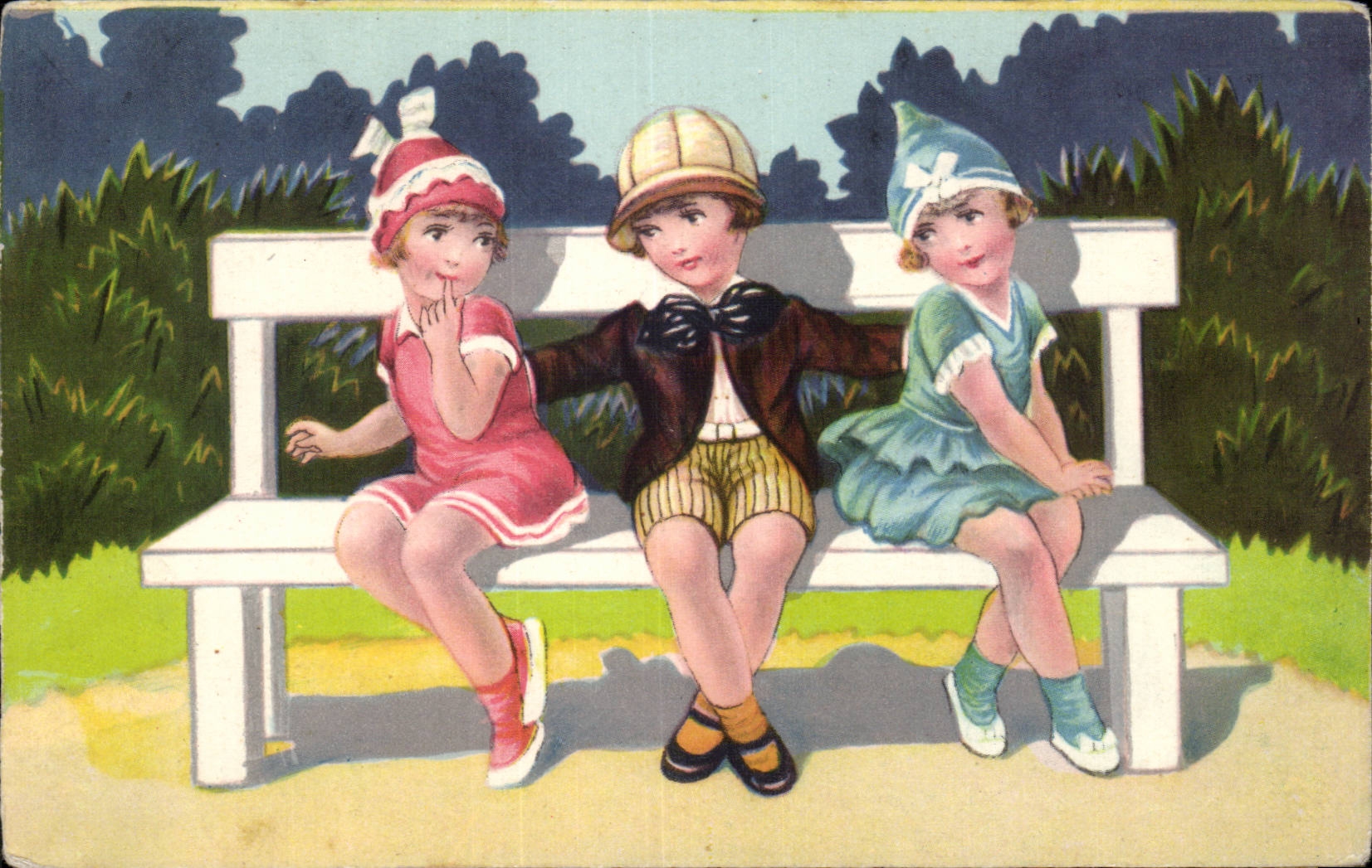Fantaisie - Enfants - Illustration - Children on bench - CPA 