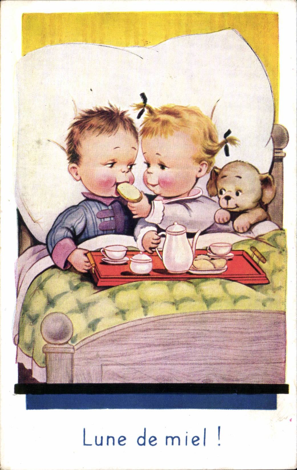 Fantaisie - Enfants - Illustration - breakfast in bed - chien - dog - CPA 