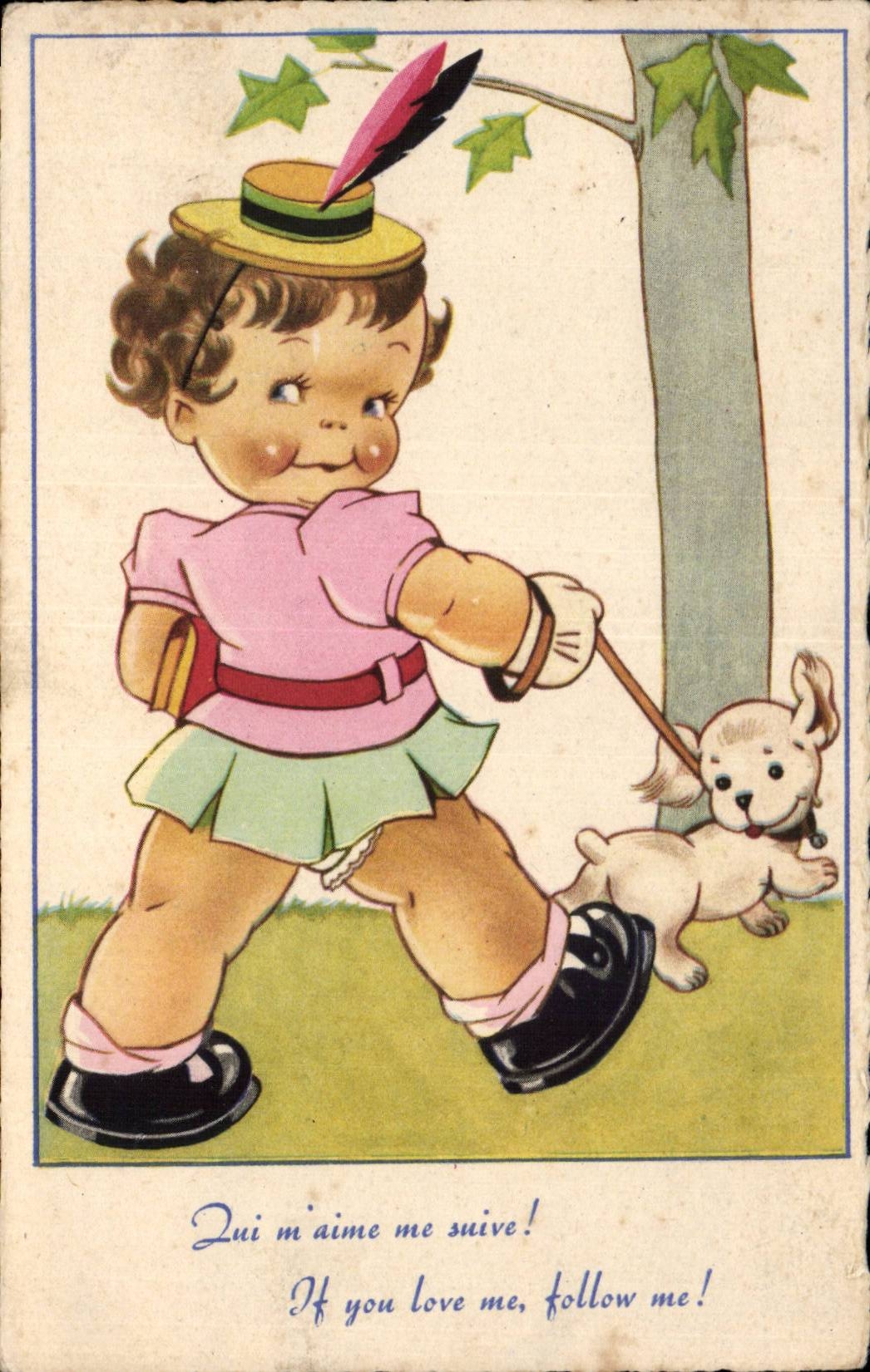 Fantaisie - Enfants - Illustration - girl walking dog - chien - CPA 