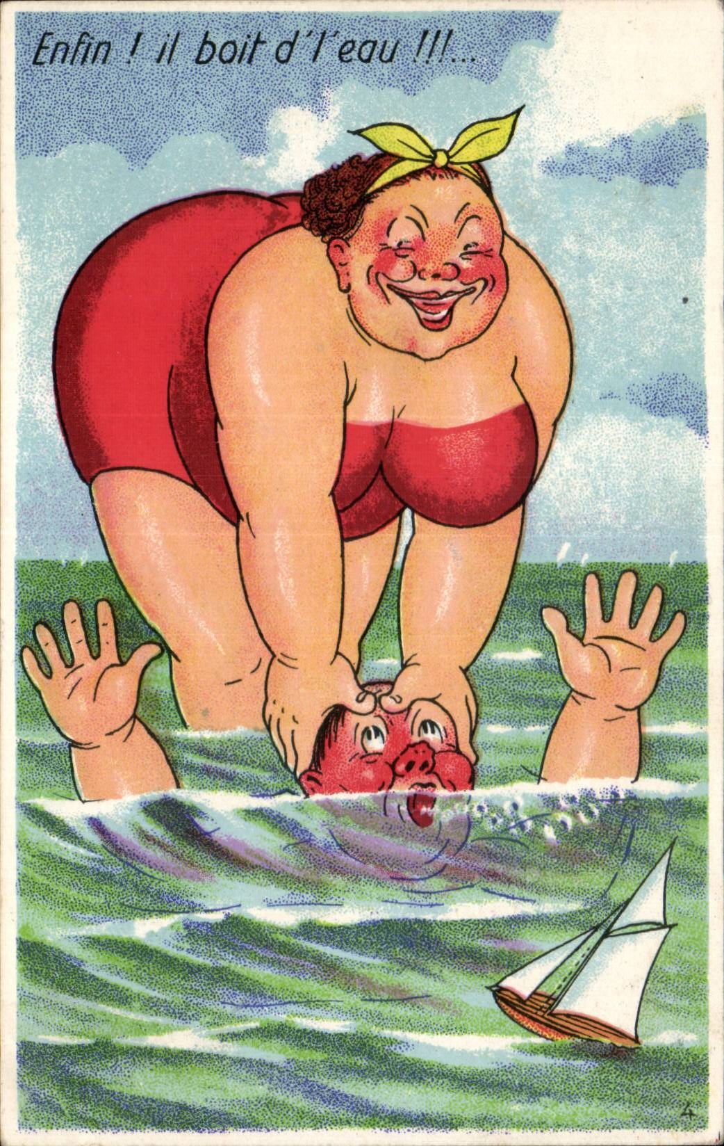 Humour - Illustration - plage - bain - enfin il boit de l'eau - CPA 