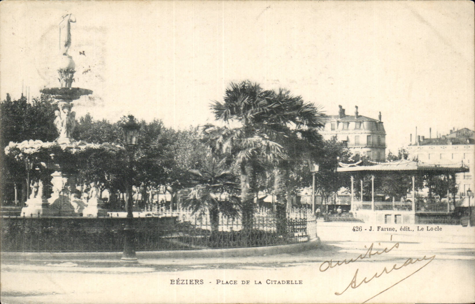 Péziers - Place de la Citadelle — fontaine ornée de statues et palmiers — J. Farine, édit., Le Locle, n°426