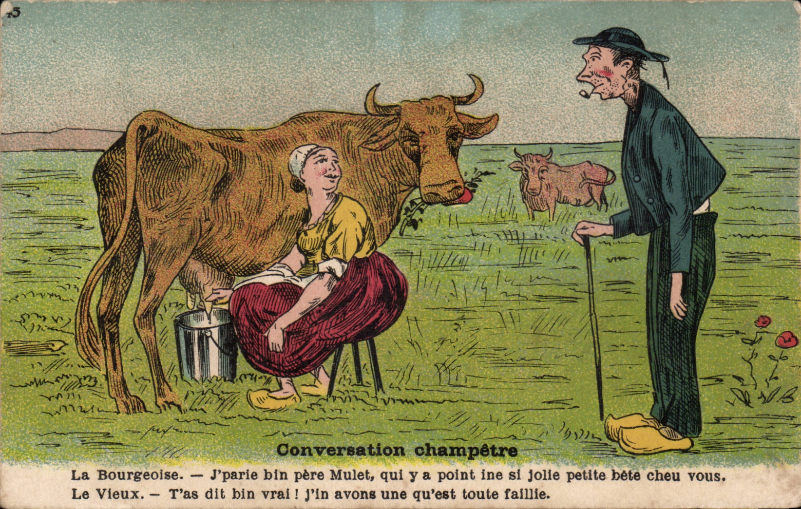 Conversation champêtre — La Bourgeoise et Le Vieux avec vache — éditeur Anlaud & Noges, n°45
