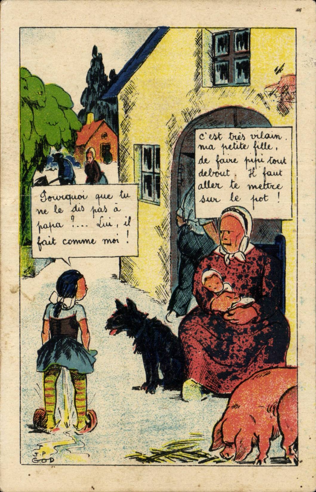Scène de vie rurale — enfant et grand-mère — dessin de T.P. GOD