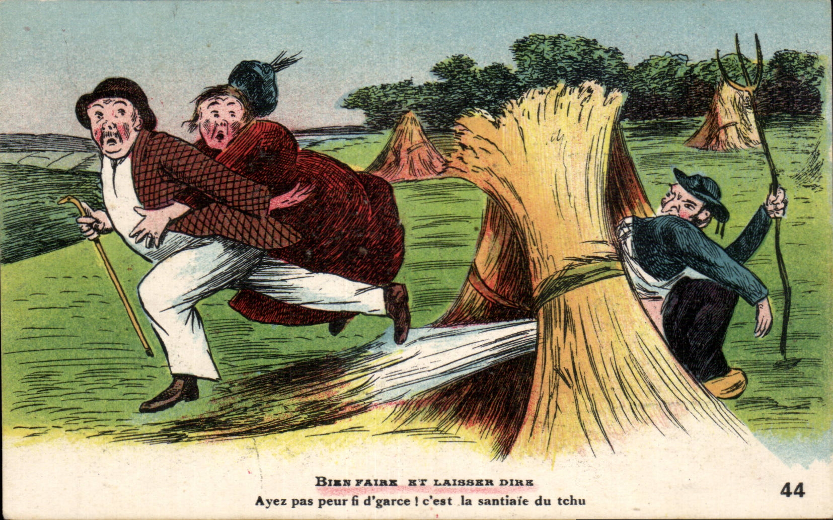 Scène de campagne avec trois personnages — éditeur inconnu, n° 44