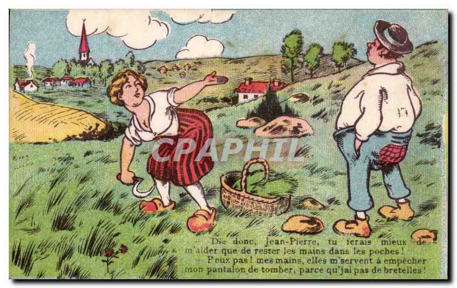 Jeune femme et homme en paysage rural — caricature humoristique — éditeur non identifié
