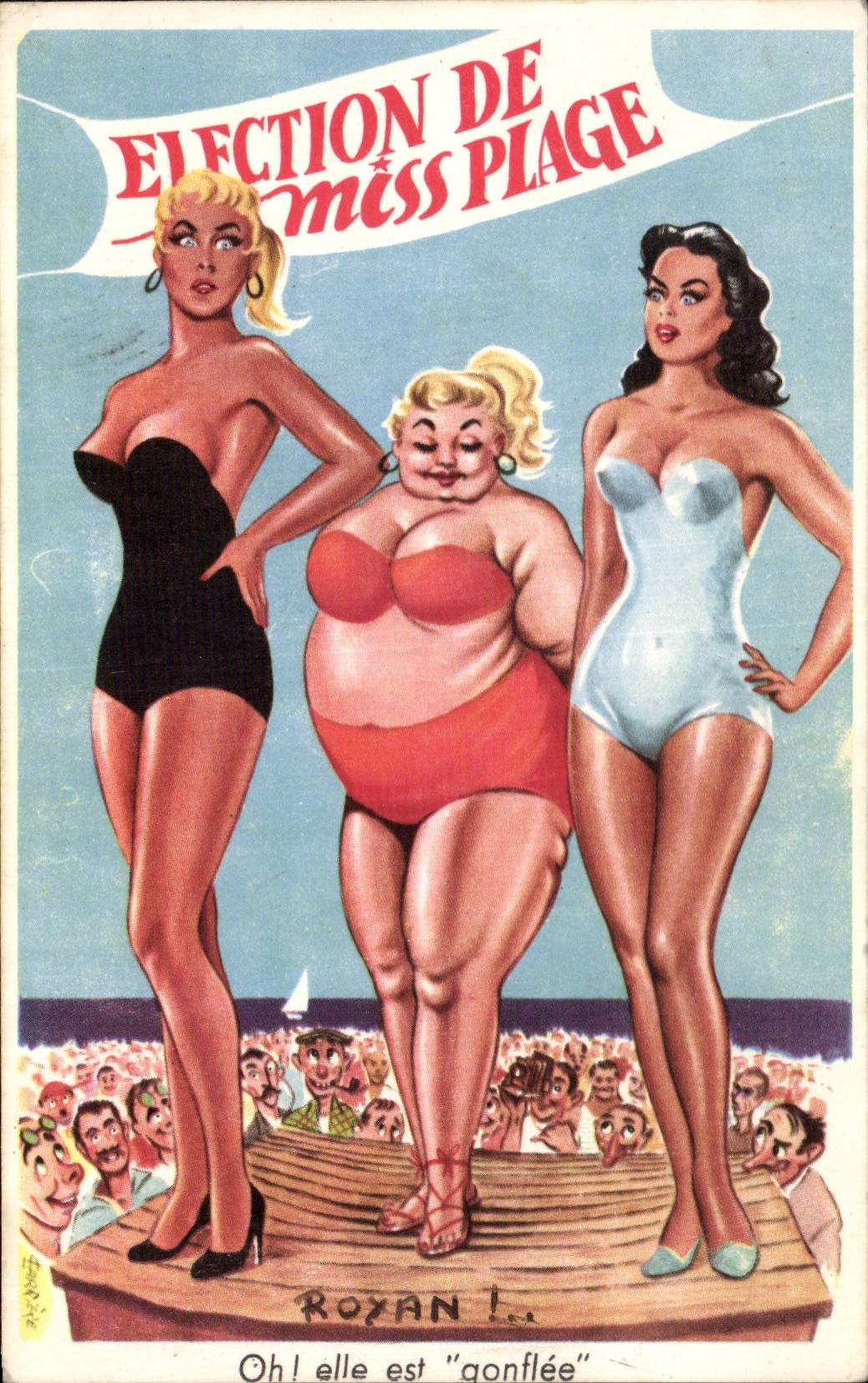 CPA Fantaisie Humour Femme forte election de Miss Plage Royan