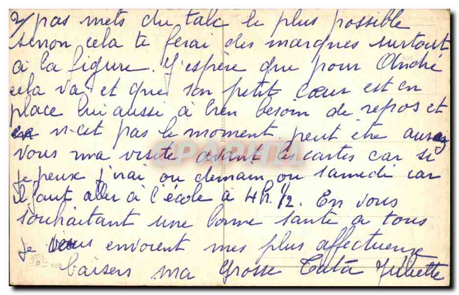 Sujet humoristique — homme en imperméable sous la pluie avec son chien, femme au balcon — texte imprimé : 'Il faut dresser son chien et son mari.' — Verso