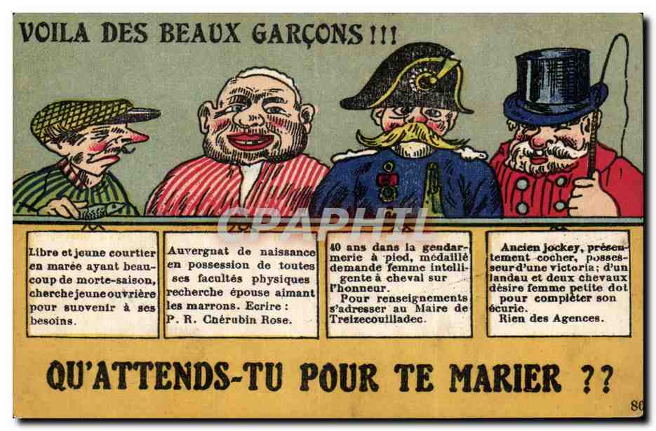 Trois hommes caricaturés — annonces de mariage — J. Nazat, Éditeur, Nantes