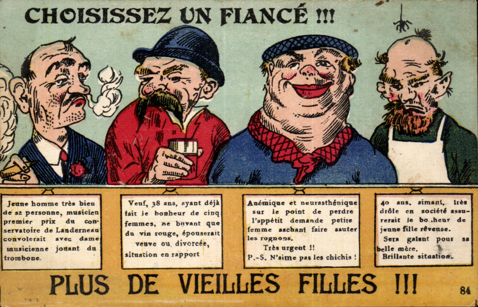 Wähle einen Verlobten !!! — 4 Karikaturen von Männern mit Beschreibungen — J. Nozair, Verlag 18, Avenue du César, Nantes, n°84