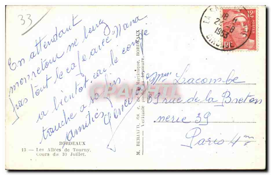 Bordeaux - Les Allees de Tourny - Cours du 30 Juillet - CPA  — Verso