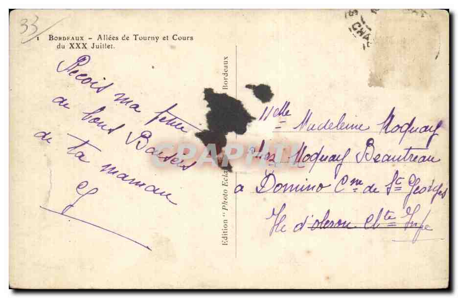 Bordeaux - Les Allees de Tourny - Cours du 30 Juillet - CPA  — Verso