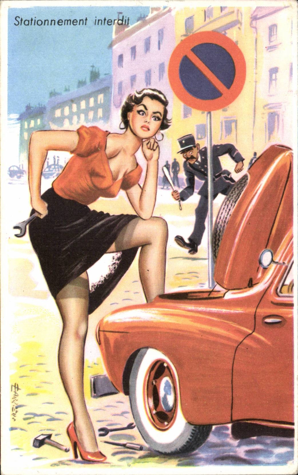 Humour - Illustration - pinup - pin up - stationnement interdit - police - CPA 