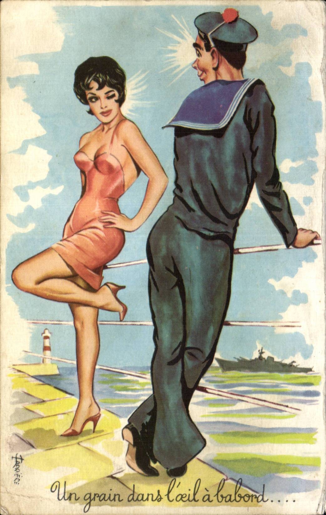 Un grain dans l'œil à babord... — Illustration de marin et femme sur pont — Imprimerie P.H. Clémenceau, Toulon